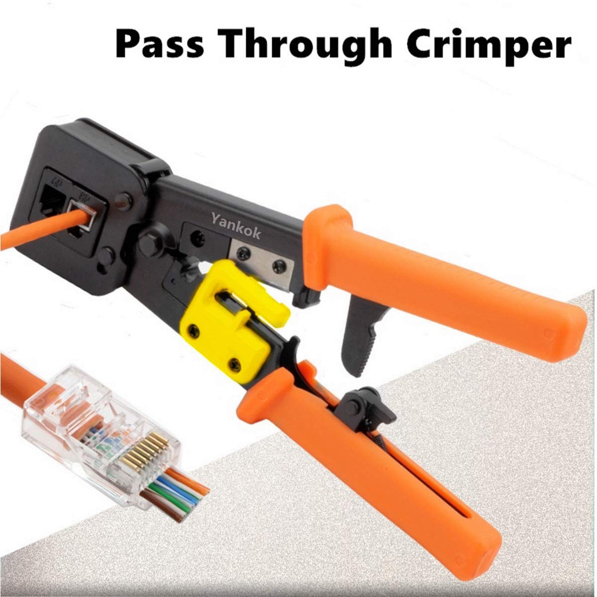 Yankok [Zaciskarka przelotowa] z zestawem ostrzy do 4P6P8P CAT5e CAT6 RJ11 RJ12 RJ45 STP/UTP okrągły płaski kabel Ethernet modułowe narzędzie do zaciskania YKCR011 pomarańczowy
