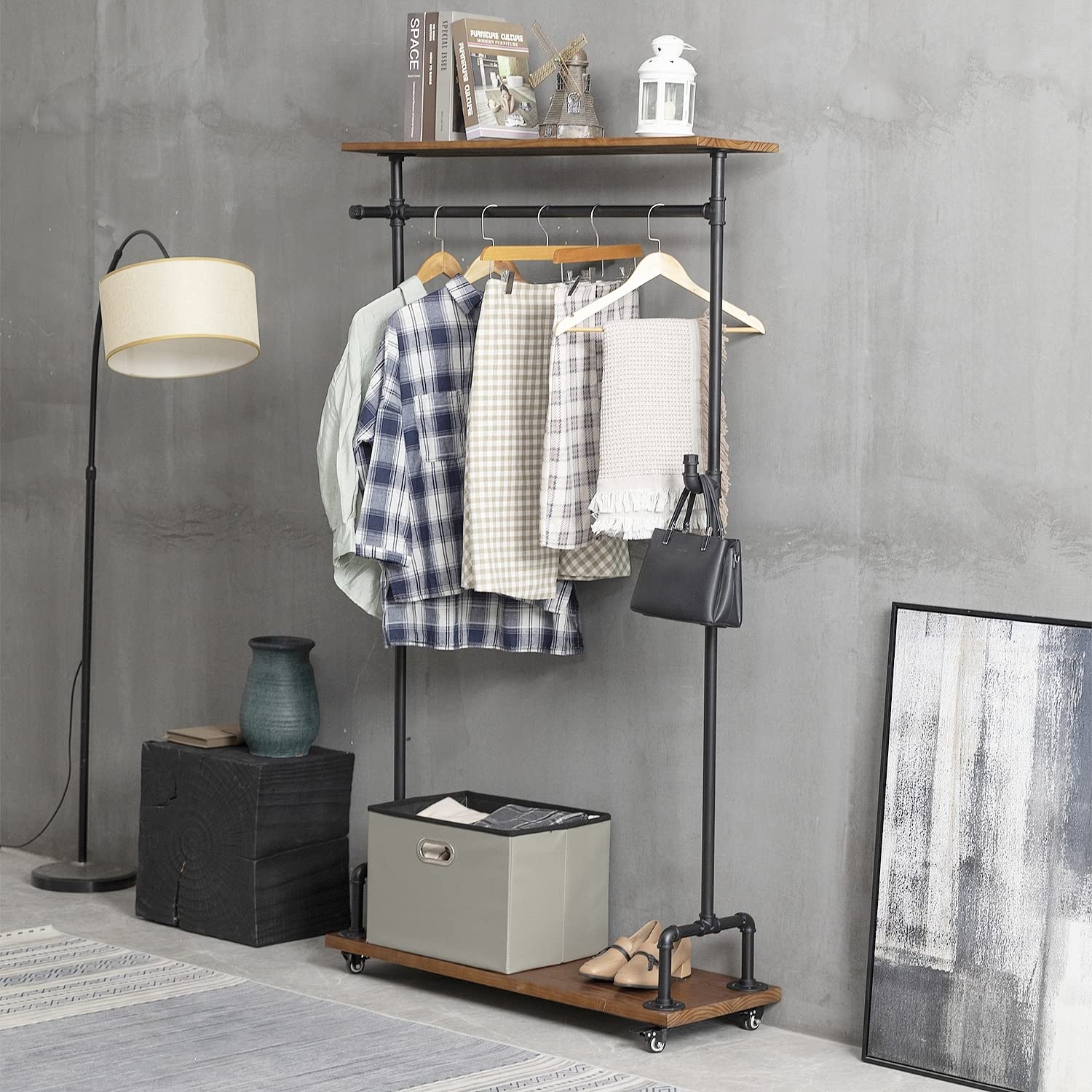 Buy Industrial Wood Pipe Clothing Rack, Rolling Garment Rack Clothes Rack Pipeline Vintage Pipe