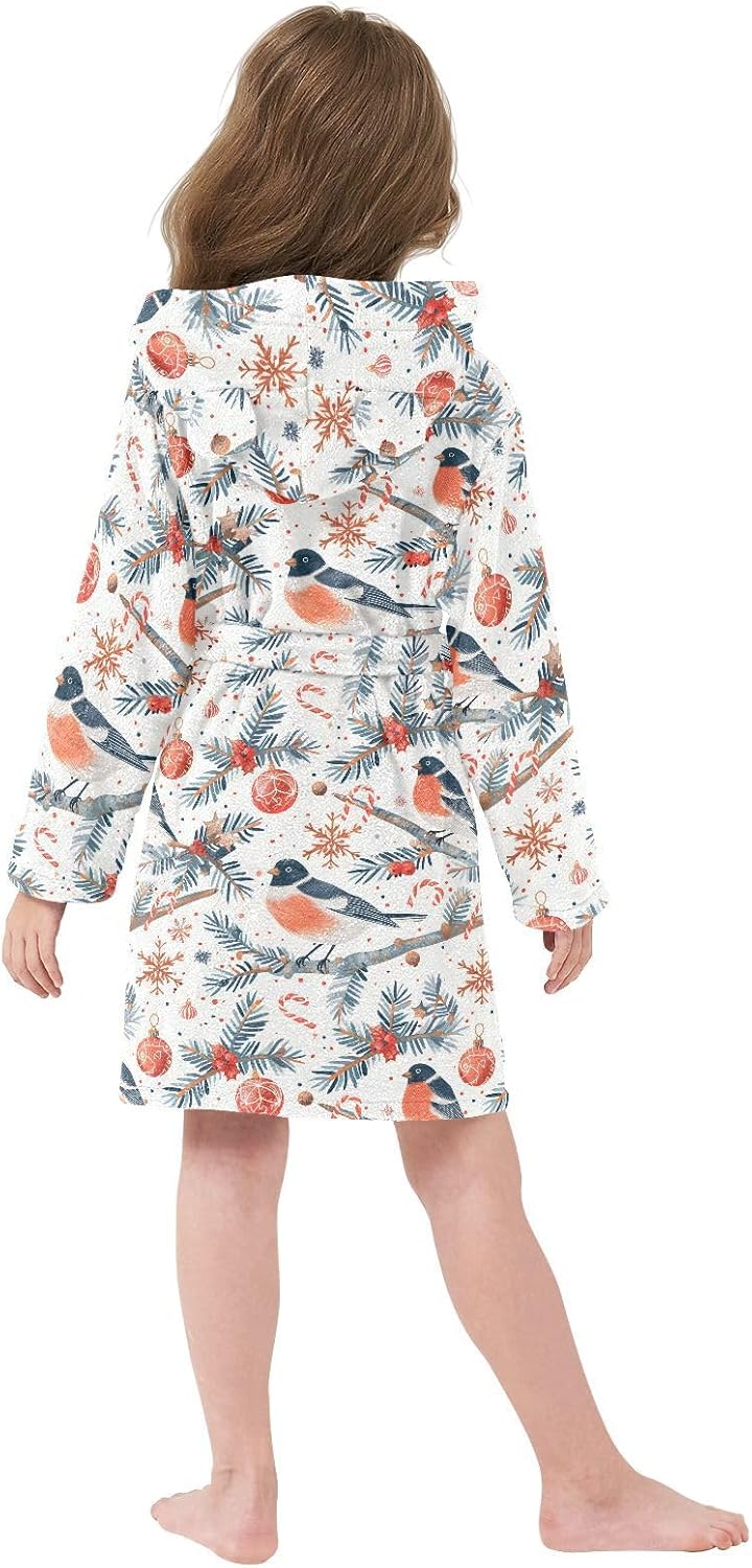 senya Red Bird on Branches Toddler Hooded Bathrobe Kids Soft Plush Bath Towel Robes for Boys Girls 2-12 Years