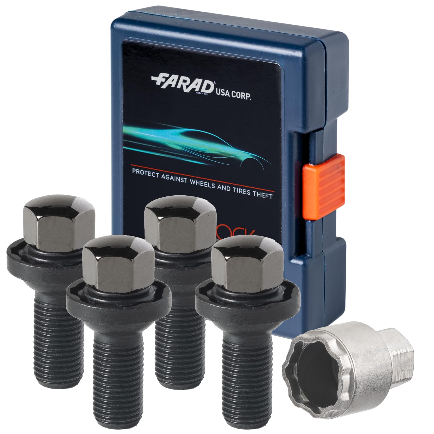 Farad GalaxyLock ZA/MX Black Lug Bolt Wheel-Locks Kit Suitable for Audi A7 (M14 X 1.5 Thread Size) - Set of 4 Lug Bolts + 1 Key