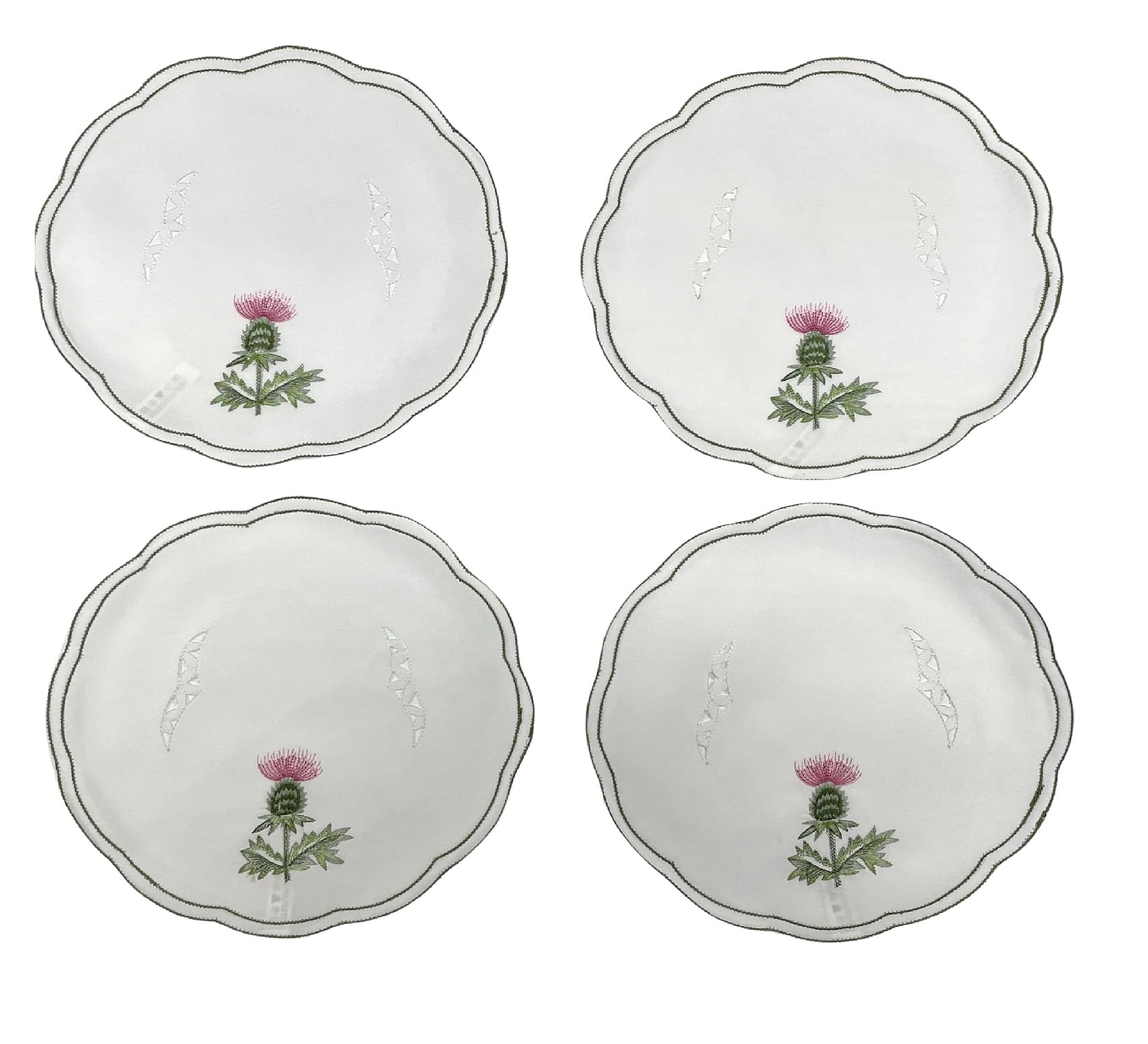Embroidered Thistle Doilies Pack of 4 Scallop Edge Design Traditional Table Linen Doyley (12")
