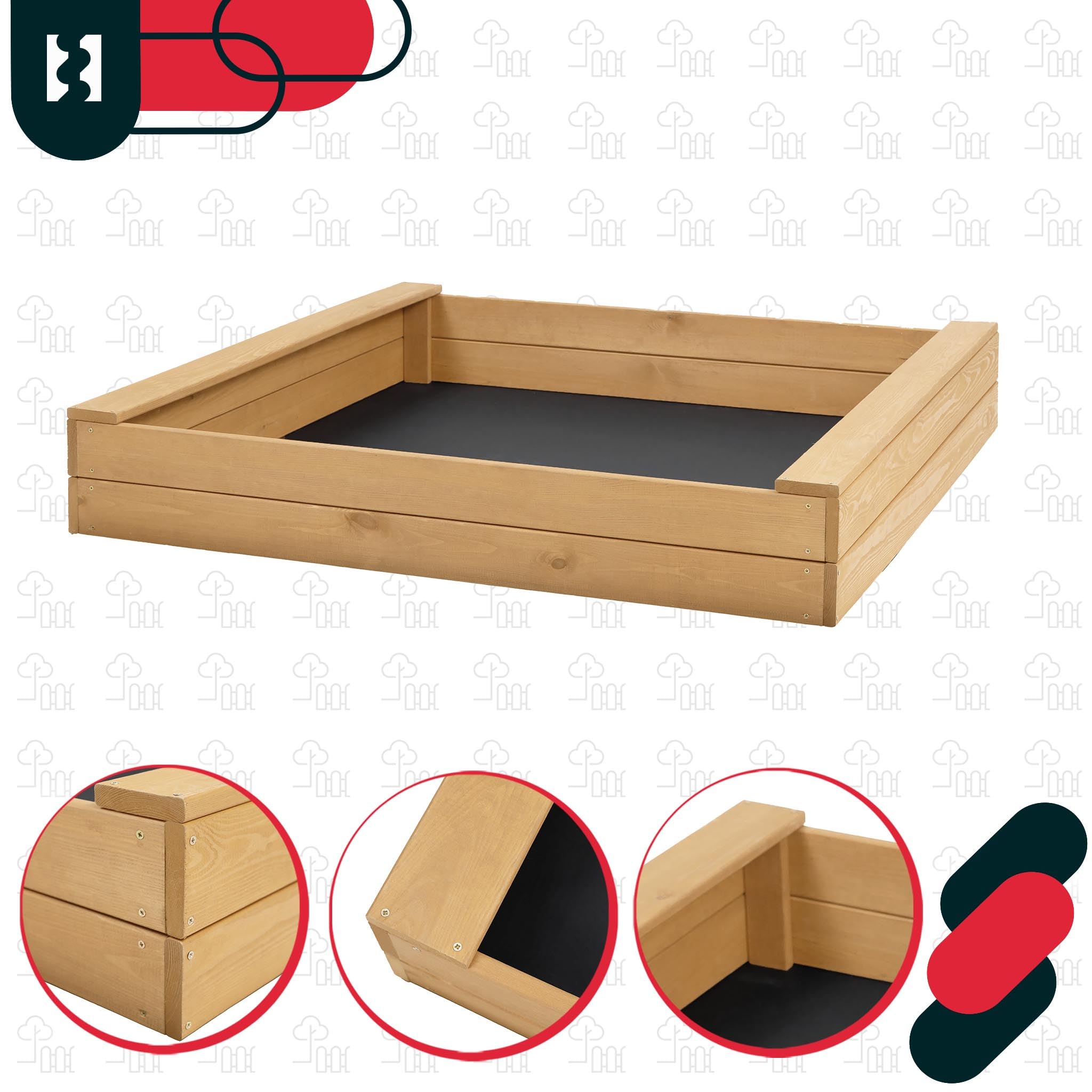 KOTARBAU® Piaskownica z ławką do siedzenia – 140 x 140 cm – piaskownica z drewna – piaskownica z 2 ławkami – zabawka ogrodowa dla dzieci – z włókniną do piaskownicy – drewno sosnowe – naturalna