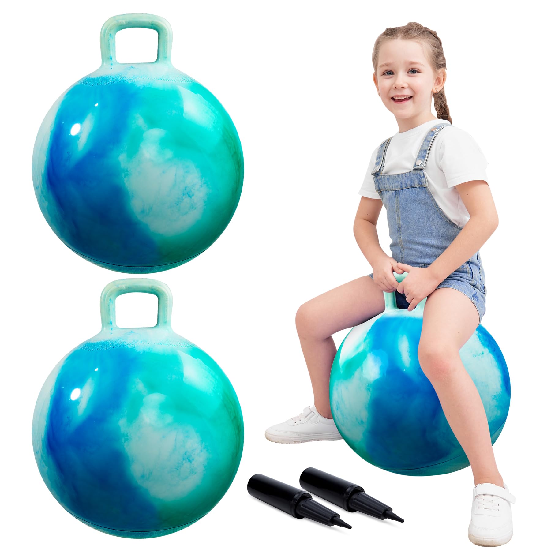 INPODAK 2er-Pack 45cm Hüpfball Aufblasbarer Hopper Ball mit Pumpe 100 KG Belastbar Sprungball mit Griff rutschfest Space Hopper 18 Zoll Hüpfball für Kinder 3 4 5 6 Jahren Drinnen & Draußen