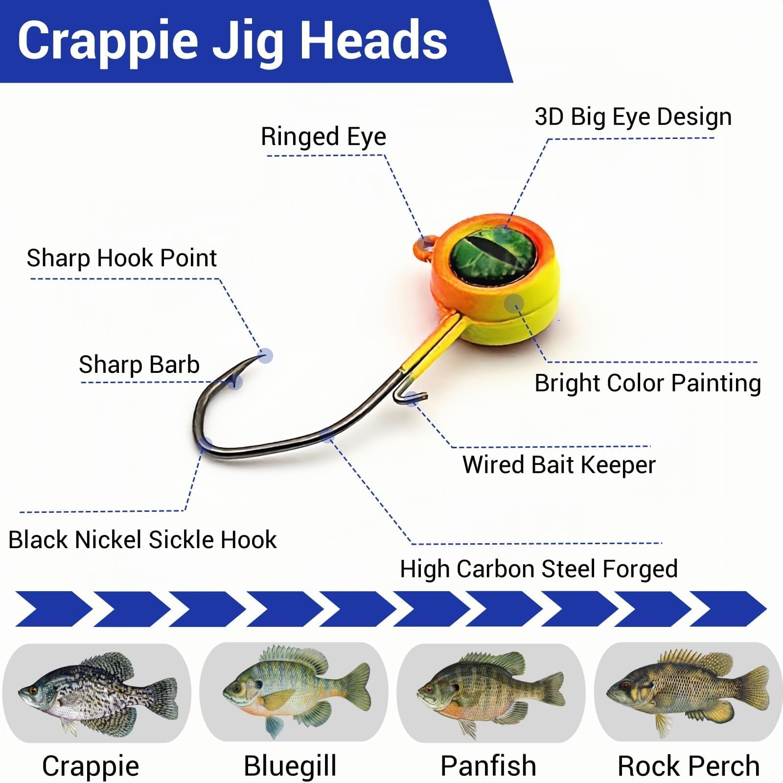 60Pcs Big Eye Crappie Jig Heads Kit, Bright Color Panfish Fishing Jig Heads Hook with Wired Bait Keeper Swimbait Jighead for Crappie Walleye 3 Sizes 1/32oz 1/16oz 1/8oz
