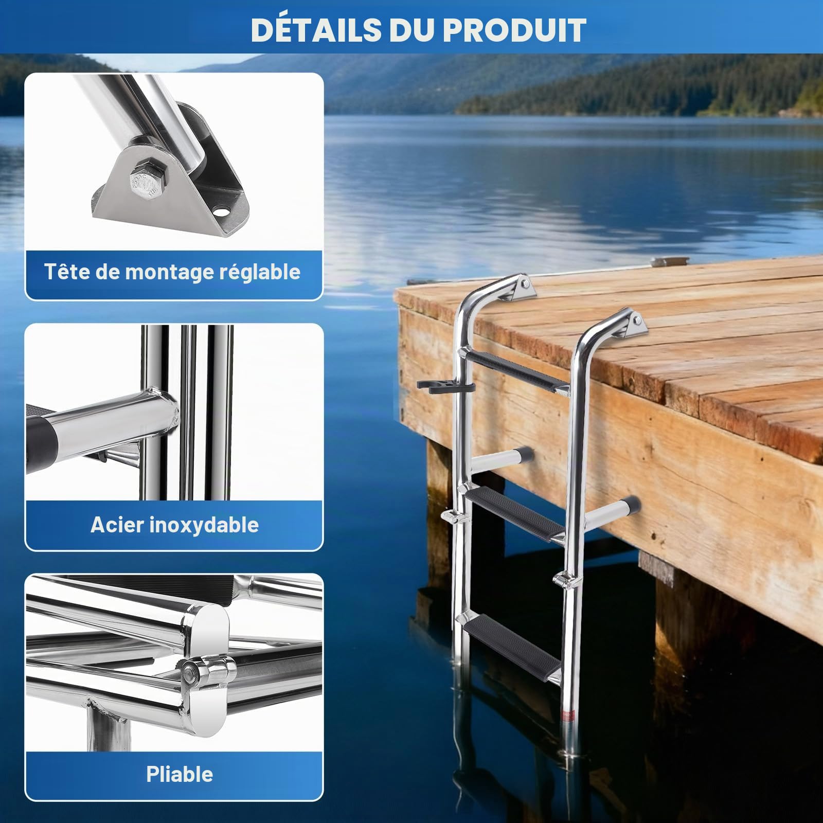 KAOLALI Echelle Piscine Hors Sol, Escabeau 4 Marches, Échelle de Bateau en Acier Inoxydable, Échelle De Natation Pliante pour Bateau, Yacht, Piscine, Pont