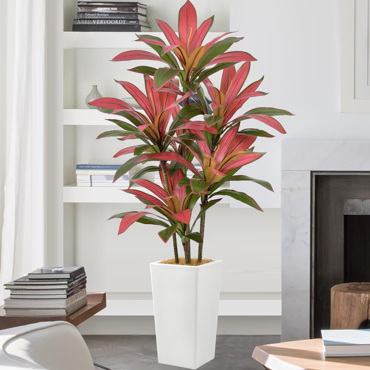 Artificial Red Dracaena Tree 5FT with 90 Leaves & 6 Heads & White Tall Planter Cover with Coconut Fiber Tall Faux Tropical Silk Bicolor Plant 60 Inch for Indoor Home Office Porch Mall Decor