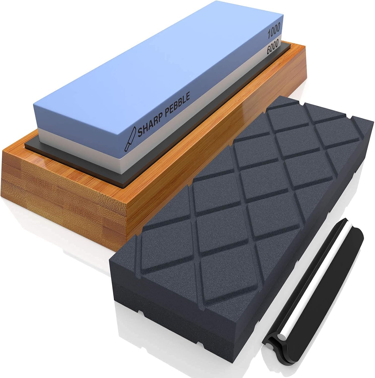 Sharp Pebble Two Side 1000/6000 Grit Knife Sharpening Stone and Large Dual Grit Flattening Stone with NonSlip Bamboo Base & Angle Guide