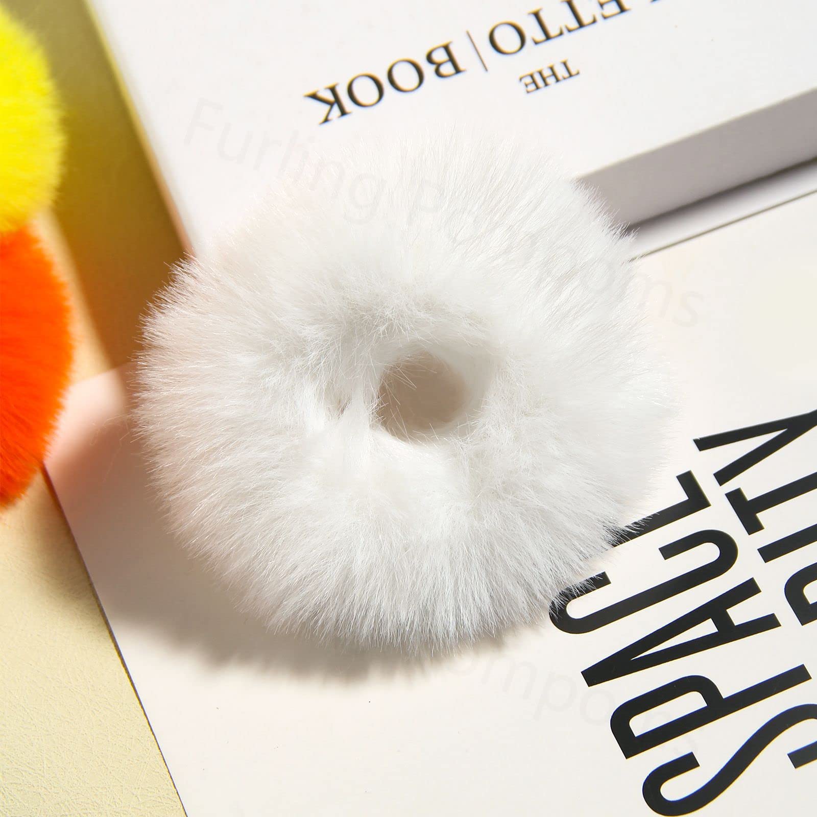 2pcs Pack Furry Faux Rabbit Fur Hair Scrunchies Artificial Fur Hair Bobbles Elastic Hair Band Rope Wristband Ponytail Accessories White
