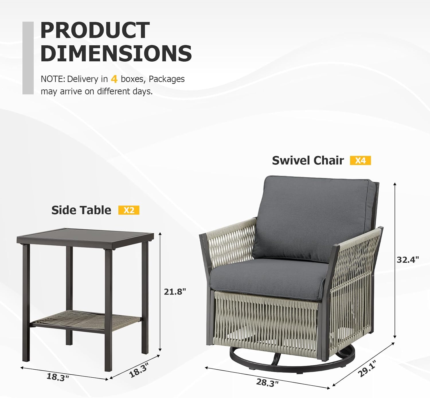 6 Piece Wicker Patio Furniture Set with Side Table, Outdoor Swivel Rocker Chairs Set of 4 with Glass Side Tables Set of 2, Patio Conversation Set for Casual Gathering (Grey)