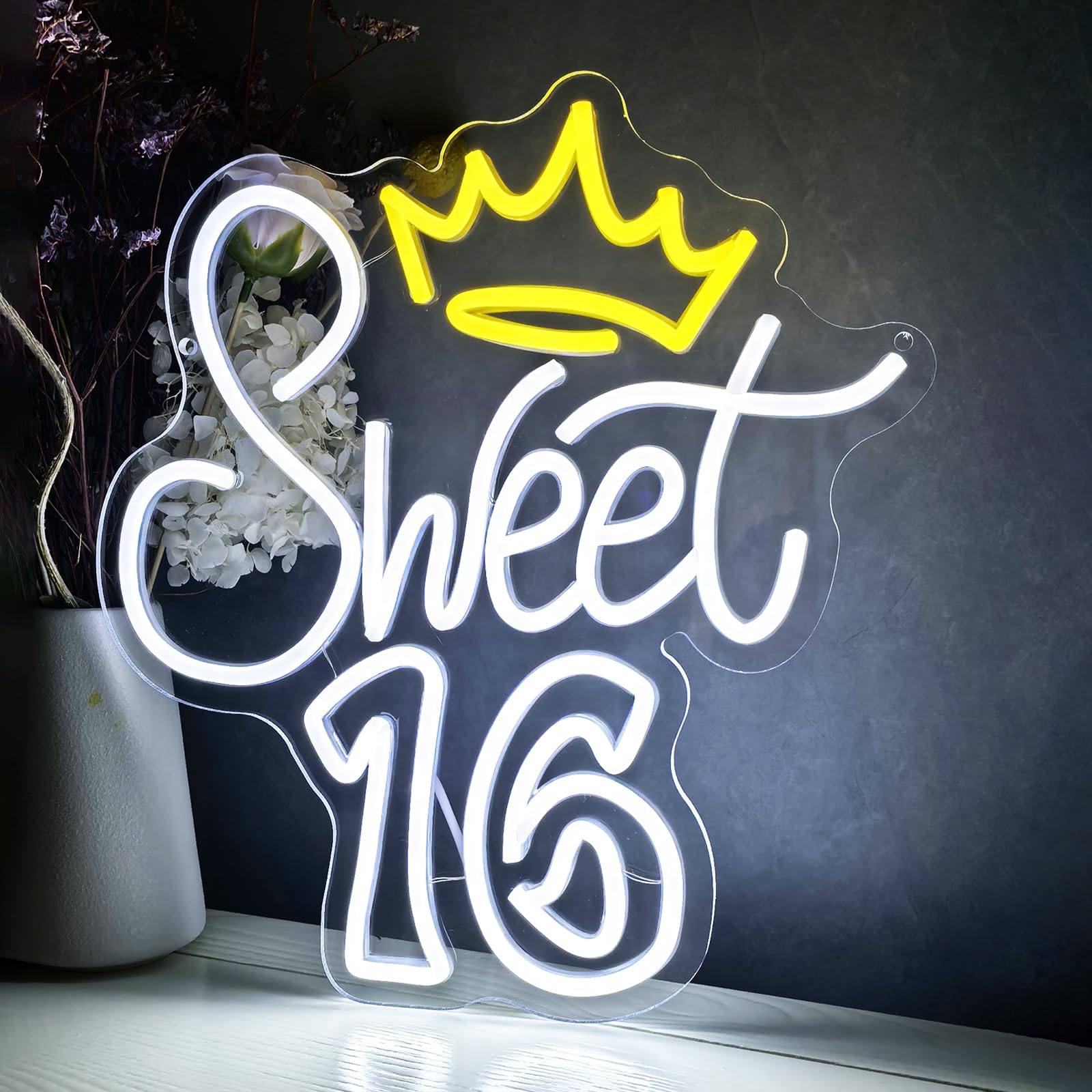 Sweet Sixteen neonowe znaki LED, słodkie, 16 neonowych świateł, do dekoracji ścian, podświetlany znak na 16. urodziny, przyjęcie, słodki, 16 diod LED, do sypialni, dekoracja, prezent, 5 V, biały