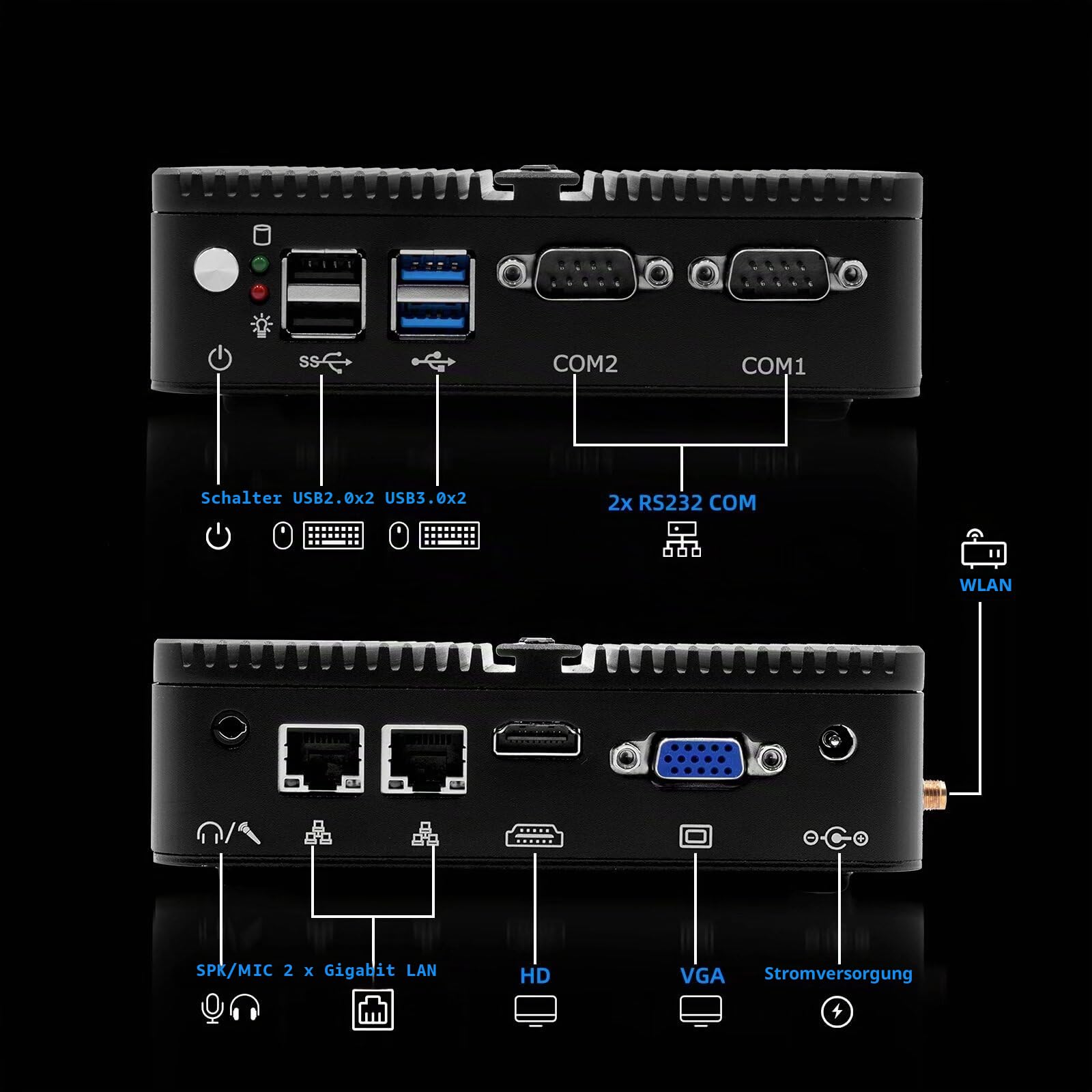 WEIDIAN Lüfterloser PC, Industrie PC, J5005(bis zu 2,8 GHz) Industrial Fanless Mini Computer, HD/VGA Dual Display 4K HD, USB3.0, 2RS232 Com, 2Gigabit Ethernet, WiFi, Win11(8GB RAM 128GB SSD)