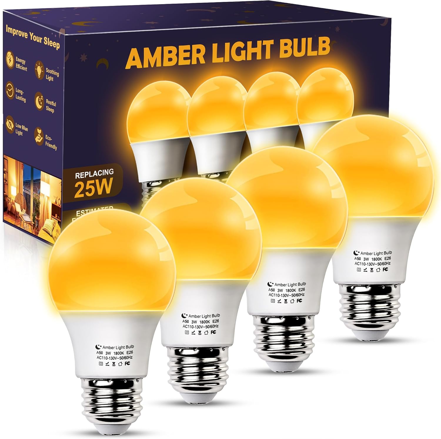 Amber Sleep Light Bulbs, Blue Light Blocking, A15 3W(25 Watt Equivalent) Dim Light Bulbs for Lamp, 1800K Warm Light Bulb, E26 for Healthy Sleep, Bedroom, Kids Room, 4 Pack