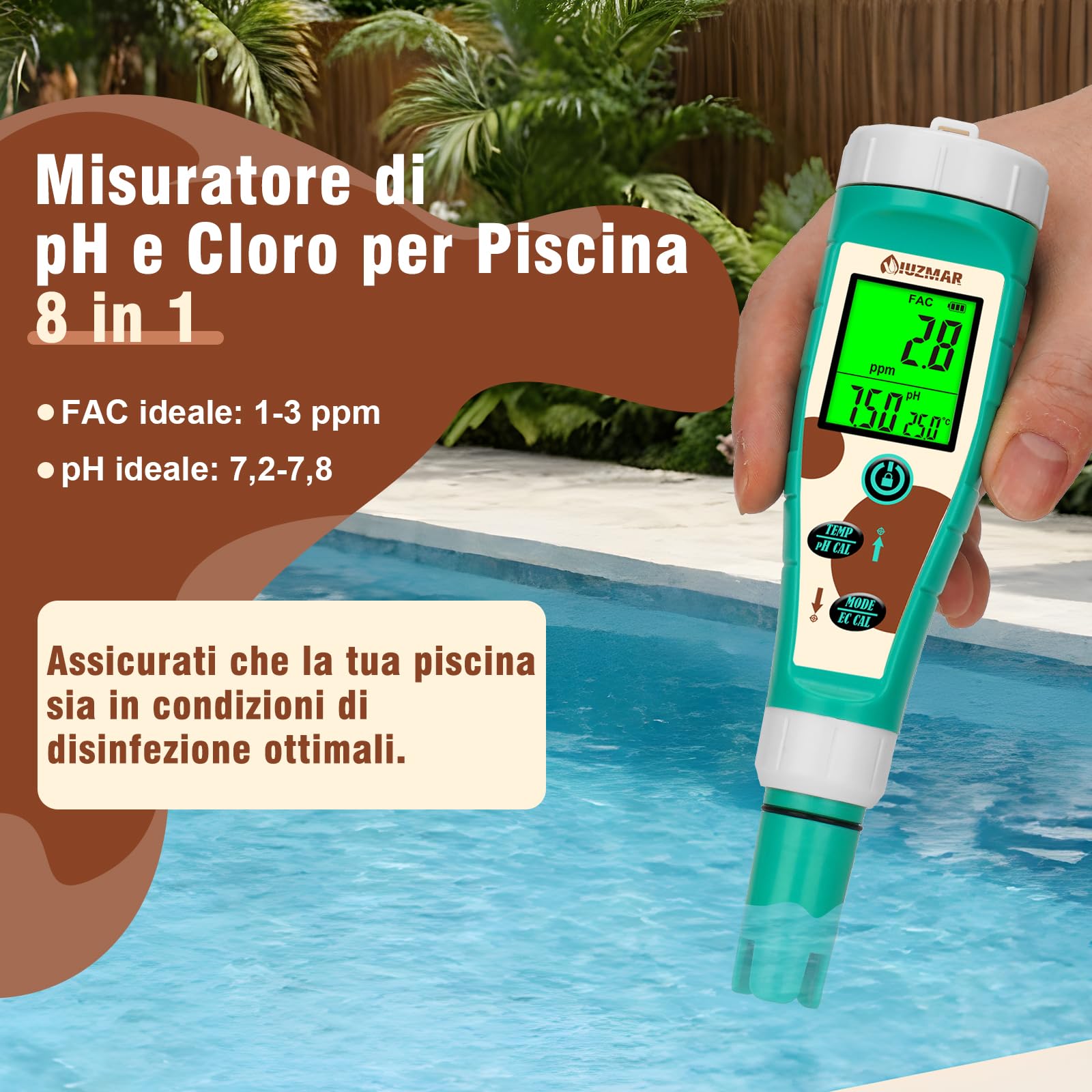 UIUZMAR Misuratore di pH e Sale cloro per piscina, Tester di pH e ORP per Idrogeno per Acqua Potabile, 8 in 1 pH, Sale, Cloro, H2, ORP, EC, TDS, Temperatura per Idroponica, Acquario