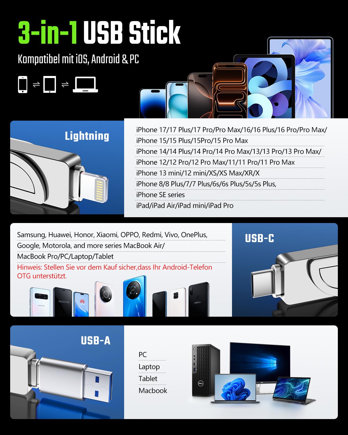 [Ohne App] USB Stick 256GB für iPhone, MFi USB C Stick,Lightning,USB-A | 3-in-1 Speicherstick für iPhone,iPad,OTG Android Handy,Mac,PC,USB 3.0 Flash Drive Externer Speicher für Fotos,Videos,Dateien