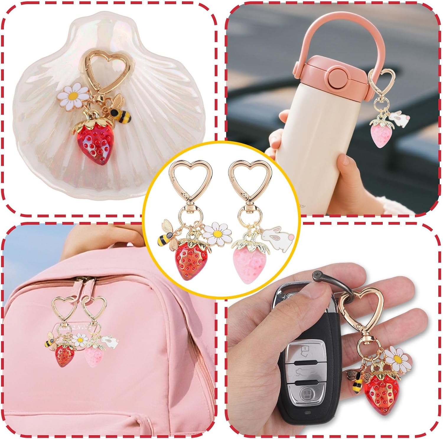 2pcs Cute Strawberry Keychains for Women, Strawberry Gold Bag Charm with Bee Daisy Rabbit Shortcake Items Pendant Fashion Fruit Flower Key Chain for Bag Purse Key Ring Backpack Decor - Image 7