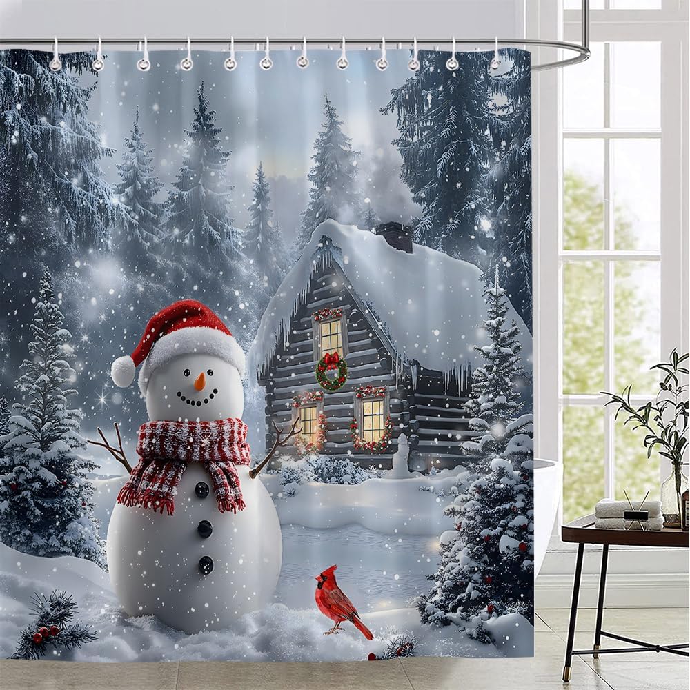 Christmas Snowman Shower Curtain Winter Country Cabin Pine Forest Cute Red Bird Ruatic Farmhouse Snow Scenery Xmas New Year Bathroom Decor Set Polyester Fabric with Hooks 70X88 Inch