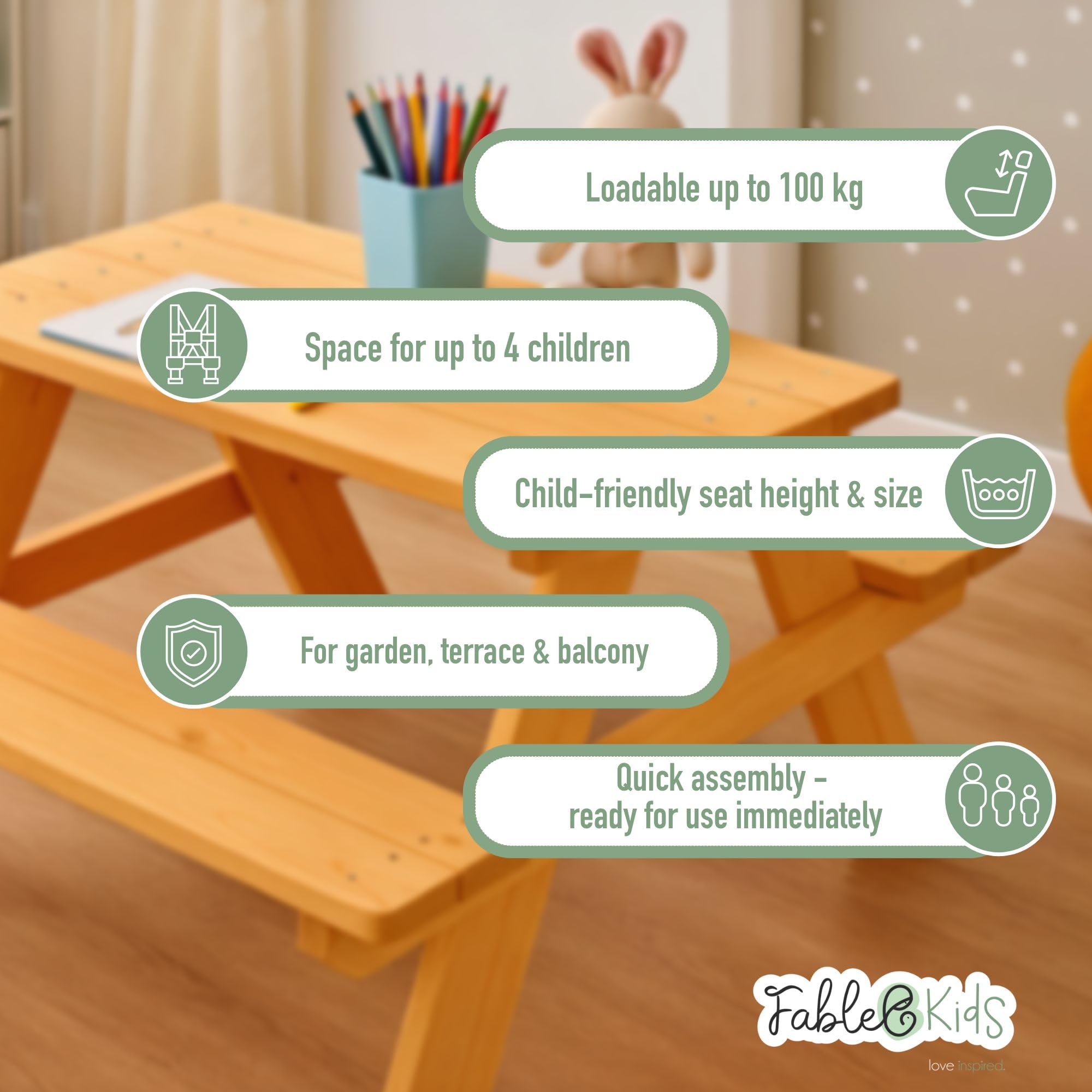 FableKids ARNE Set Tavolo da Picnic per 4 Bambini | Tavolo con panche in legno massello | Mobili da giardino 2–7 anni | Naturale, sicuro e durevole | 89×79×50 cm