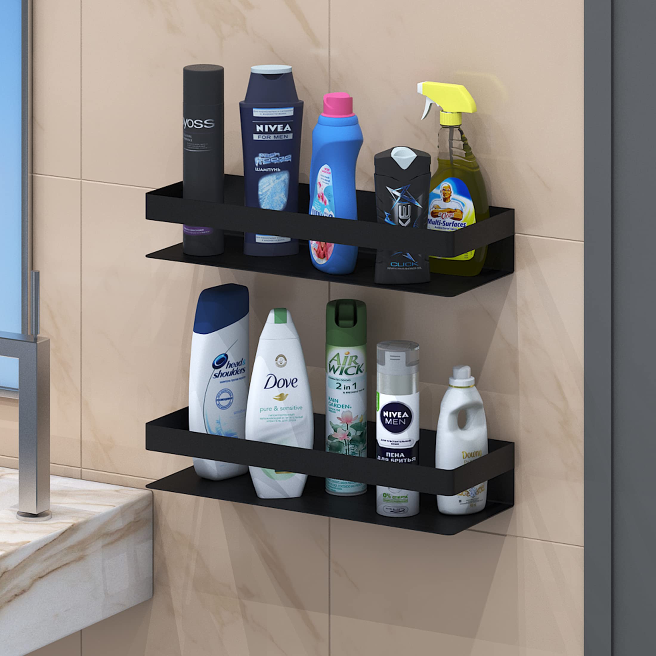 Klaxon Metal Imperial Wall Mount Bathroom Kitchen Shelf Rack (14 * 5 inches, Black, Set of 2)