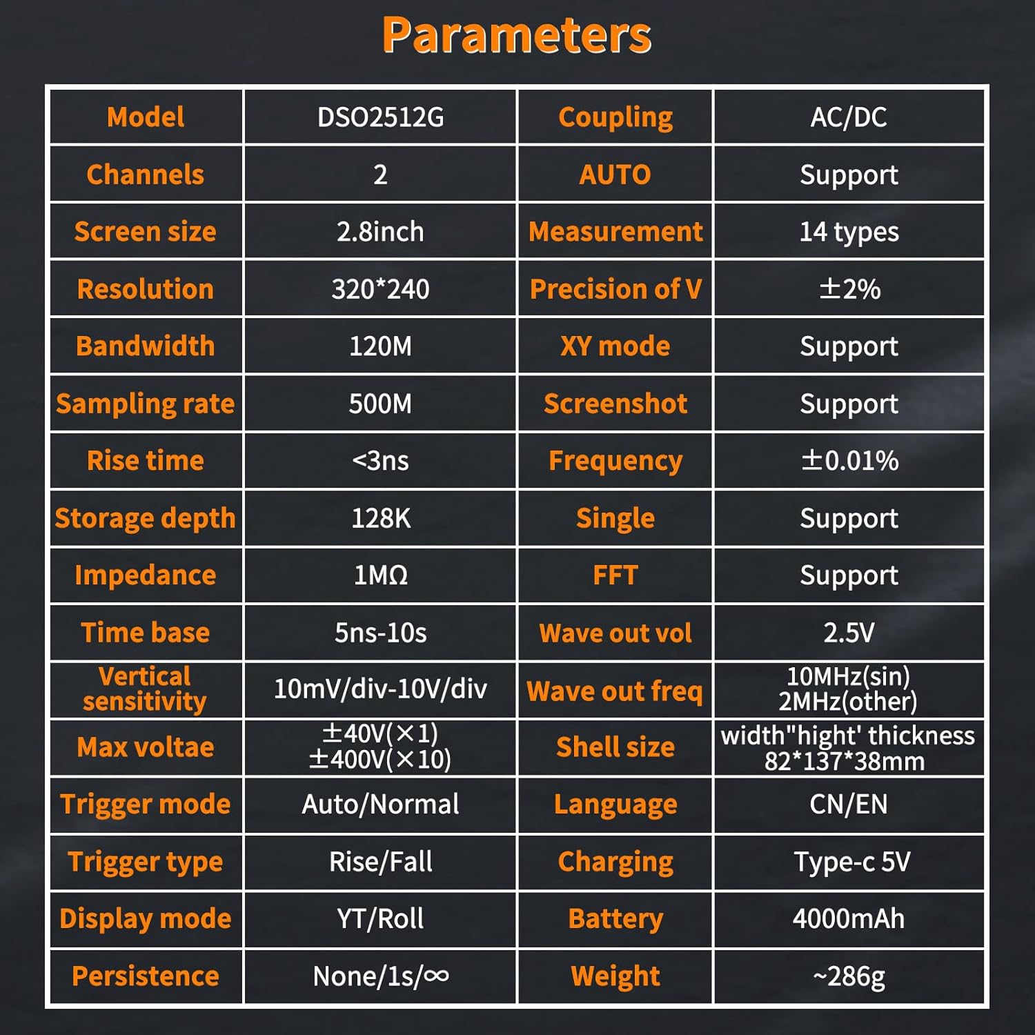 DSO2512G LCD Handheld Digital Oscilloscope Kit - 2 Channel 2.8"TFT Mini Automotive Oscilloscope Bandwidth 120Mhz Digital Oscilloscopes 500MS/s Sampling Rate, Vertical Sensitivity 10mV/div~10V/div