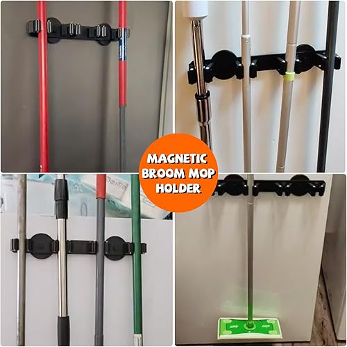 Miniatura 7 de Soporte magnético para escobas, fuerte soporte magnético para trapeador, 4 estantes para herramientas de limpieza, ganchos magnéticos