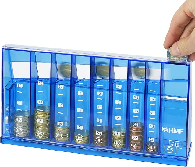 HMF Münzzähler mit automatischer Sortierung zur Kleingeld Aufbewahrung, transparenter Münzsortierer mit Werteskala als Spardose für Kinder | 24 x 12 x 5 cm | Blau