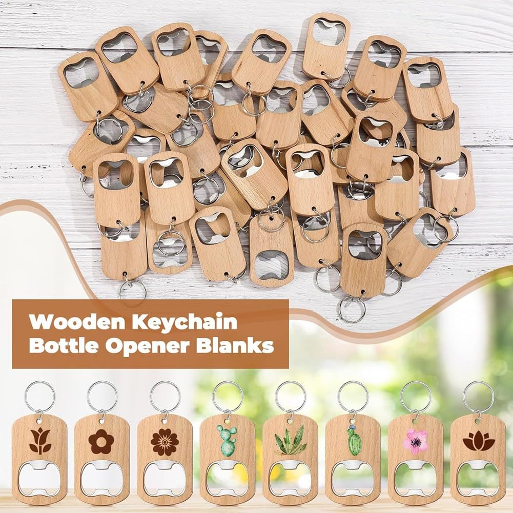 50 Stück -Flaschenöffner, Schlüsselanhänger, Flaschenöffner-Rohlinge, Unvollendeter Schlüsselanhänger, Holzgravur, Großpackung für Hochzeit