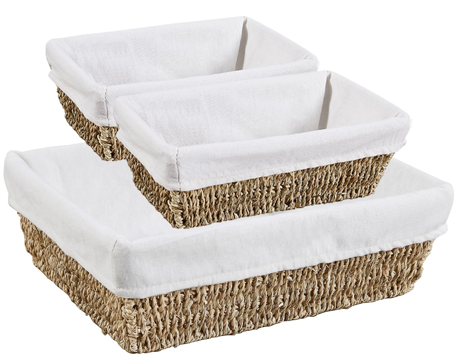 Wicker Basket, Vagusicc Set of 3 Baskets for Organizing, Wicker Storage Basket with Built-in Handles, Seagrass Storage Baskets for Shelves with Liner (2-Pack Medium Basket, 1-Pack Large Basket)