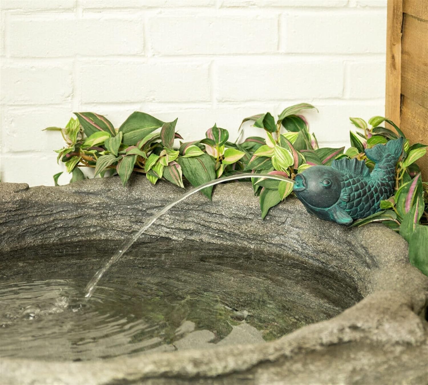 Indoor/Outdoor Garden Water Fountain, Fish Pond Spit Fountain, Gray Resin, 7 Inch