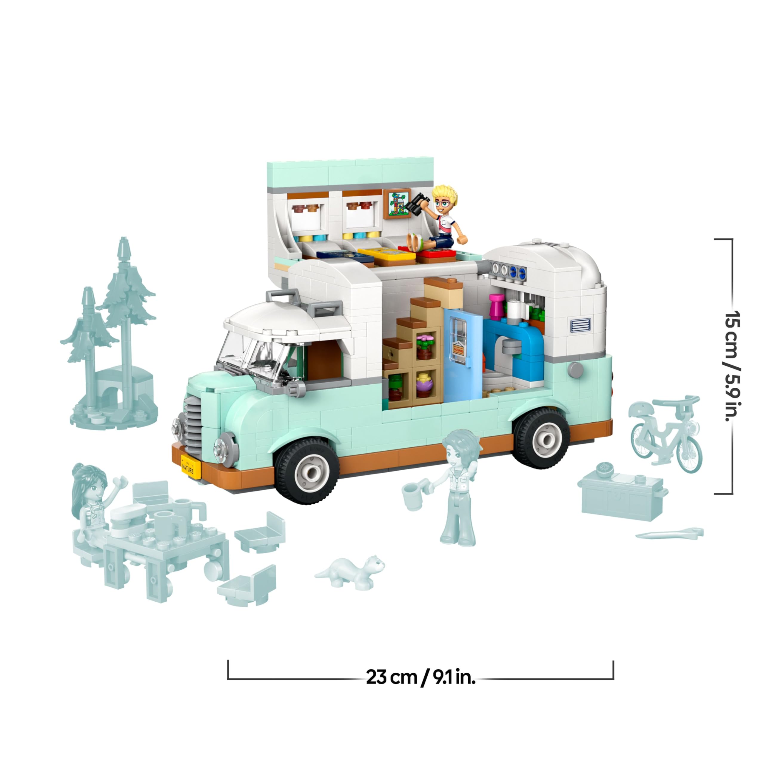 LEGO Friends Aventura en la Caravana de la Amistad, Autocaravana de Juguete con 3 Mini Muñecos, Figura de Hurón, Regalo para Niñas de 7 Años o Más, Furgoneta Camper, Prismáticos y Más Accesorios 42663