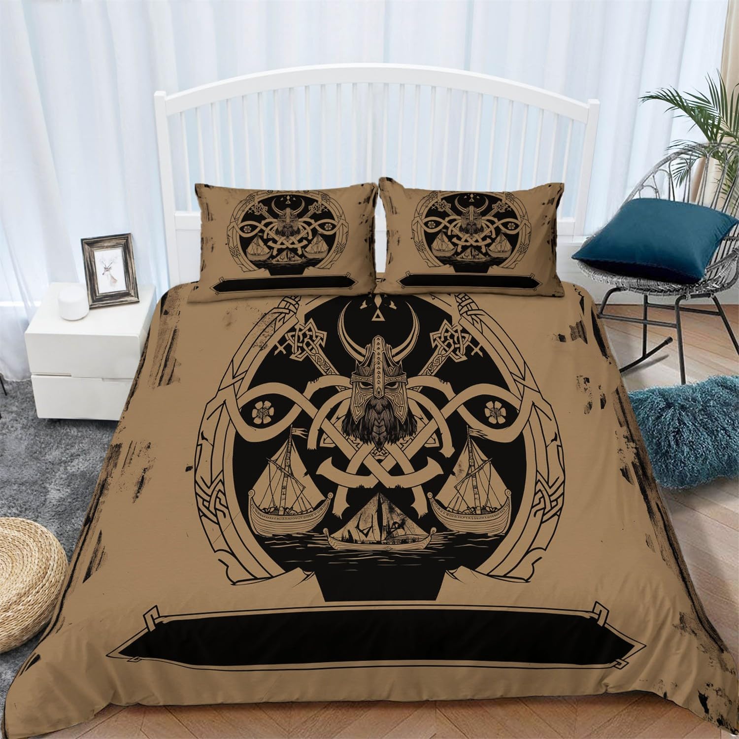 Poszwa na kołdrę z emblematem wikingów vintage poszwa na kołdrę 220 x 240 cm zestaw pościeli dla nastolatka chłopca dorosły dekoracja sypialni brązowy czarny jasny zestaw poszewek na kołdrę