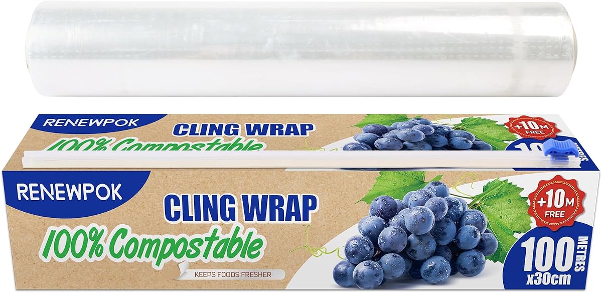 100% Compostable Plastic Wrap Dispenser With Slide Cutter 12 inch Food Service Cling Film Wrap Roll - 12" x 360 Ft ECO friendly Food Wrap(The Slide Cutter stored in The Inner core of The roll)