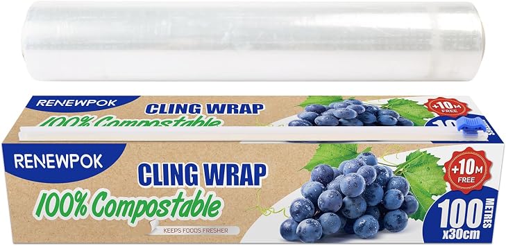 100% Compostable Plastic Wrap Dispenser With Slide Cutter 12 inch Food Service Cling Film Wrap Roll - 12" x 360 Ft ECO friendly Food WrapThe Slide Cutter stored in The Inner core of The roll
