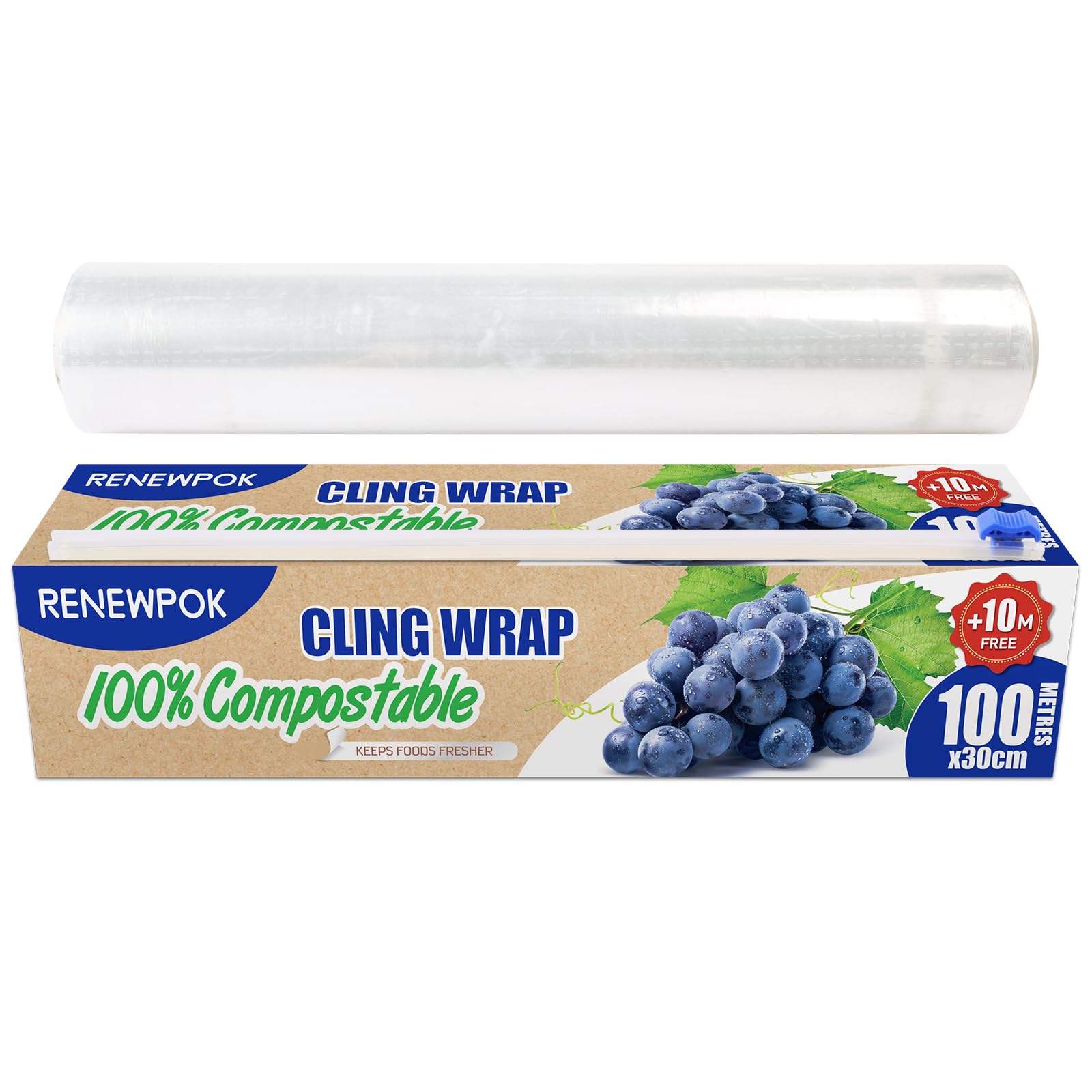 View 1 of 100% Compostable Plastic Wrap Dispenser With Slide Cutter 12 inch Food Service Cling Film Wrap Roll - 12" x 360 Ft ECO friendly Food Wrap(The Slide Cutter stored in The Inner core of The roll)