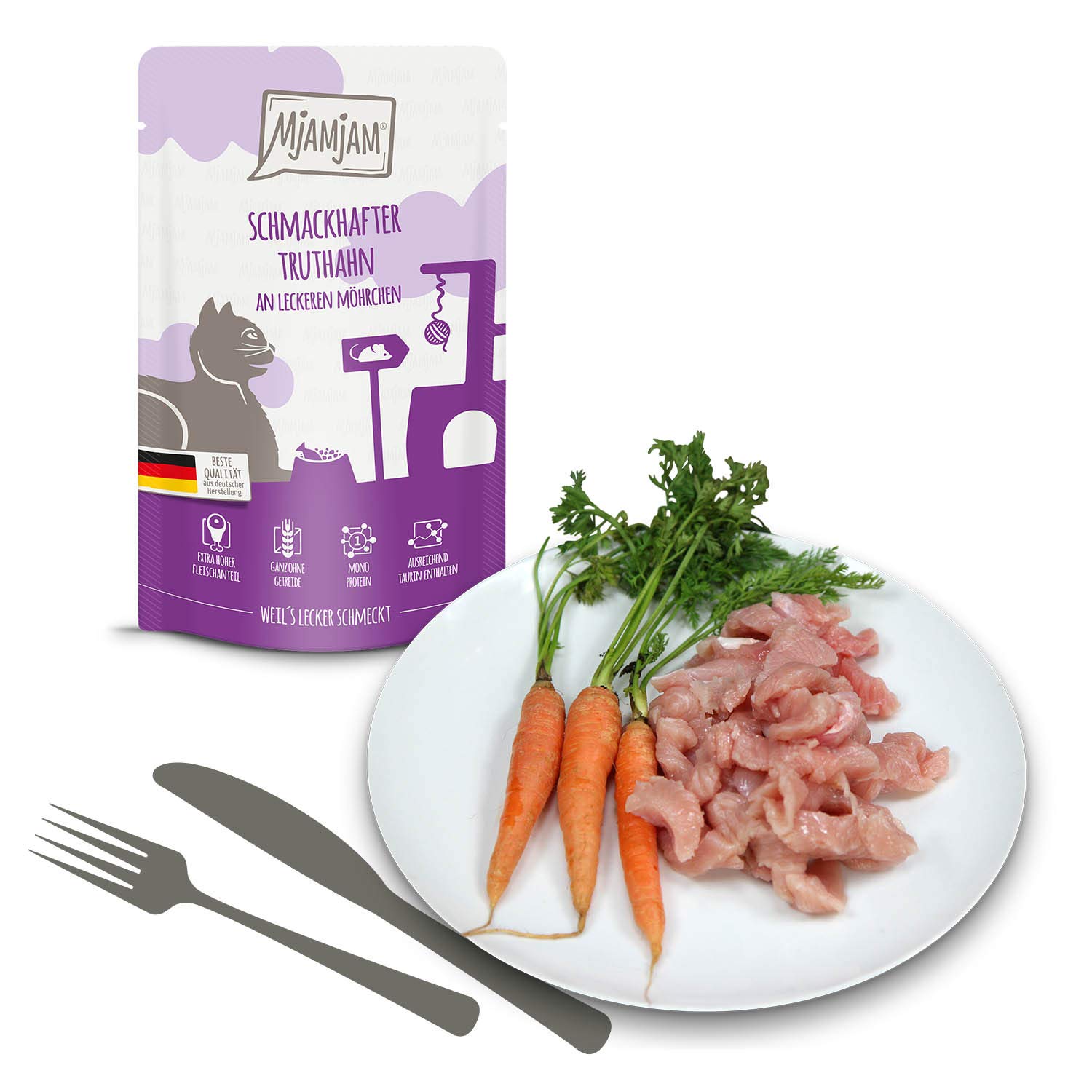 MjAMjAM - Mokra karma premium dla kotów – pakiet mieszany V – 2 x dziki łosoś, 2 x krewetka, 2 x jeleń, 2 x renifer, 2 x koza, 2 x indyk opakowanie 12 sztuk (12 x 125 g), bez zbóż, z bardzo dużą