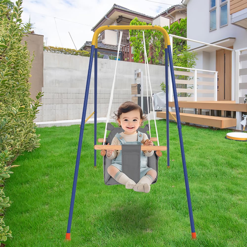 Homewell - Columpio interior para bebé y niños, asiento columpio de madera y algodón para bebé, columpio escandinavo para desarrollo vestibular, Baby Swing (gris oscuro)