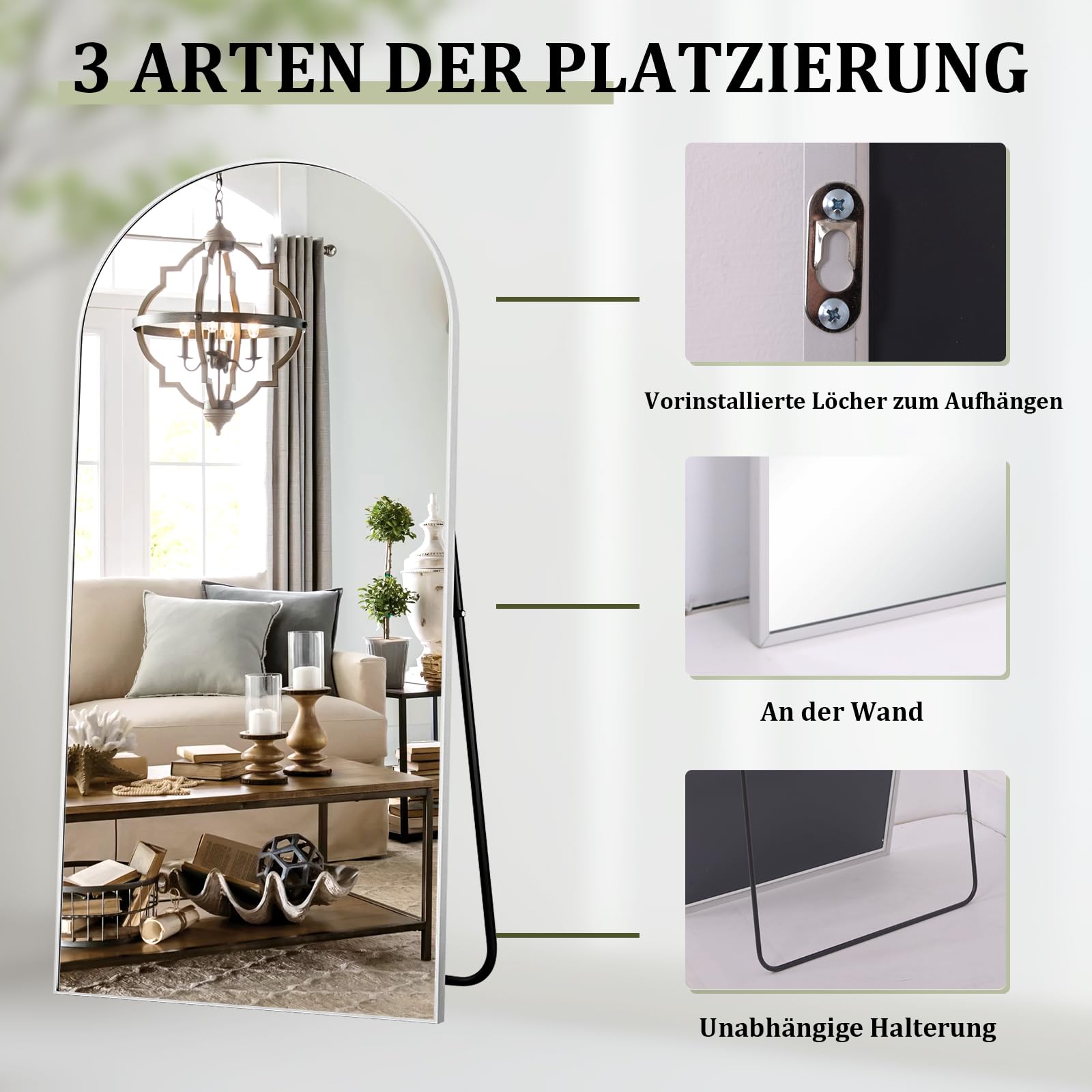BEAUTYPEAK Großer Ganzkörperspiegel 192x115 cm, Bogen Standspiege, Silber | Stehspiegel Hängend oder lehnend an die Wand, Groß Bodenspiegel mit Ständer für Schlafzimmer, Wohnzimmer oder Ankleidezimmer