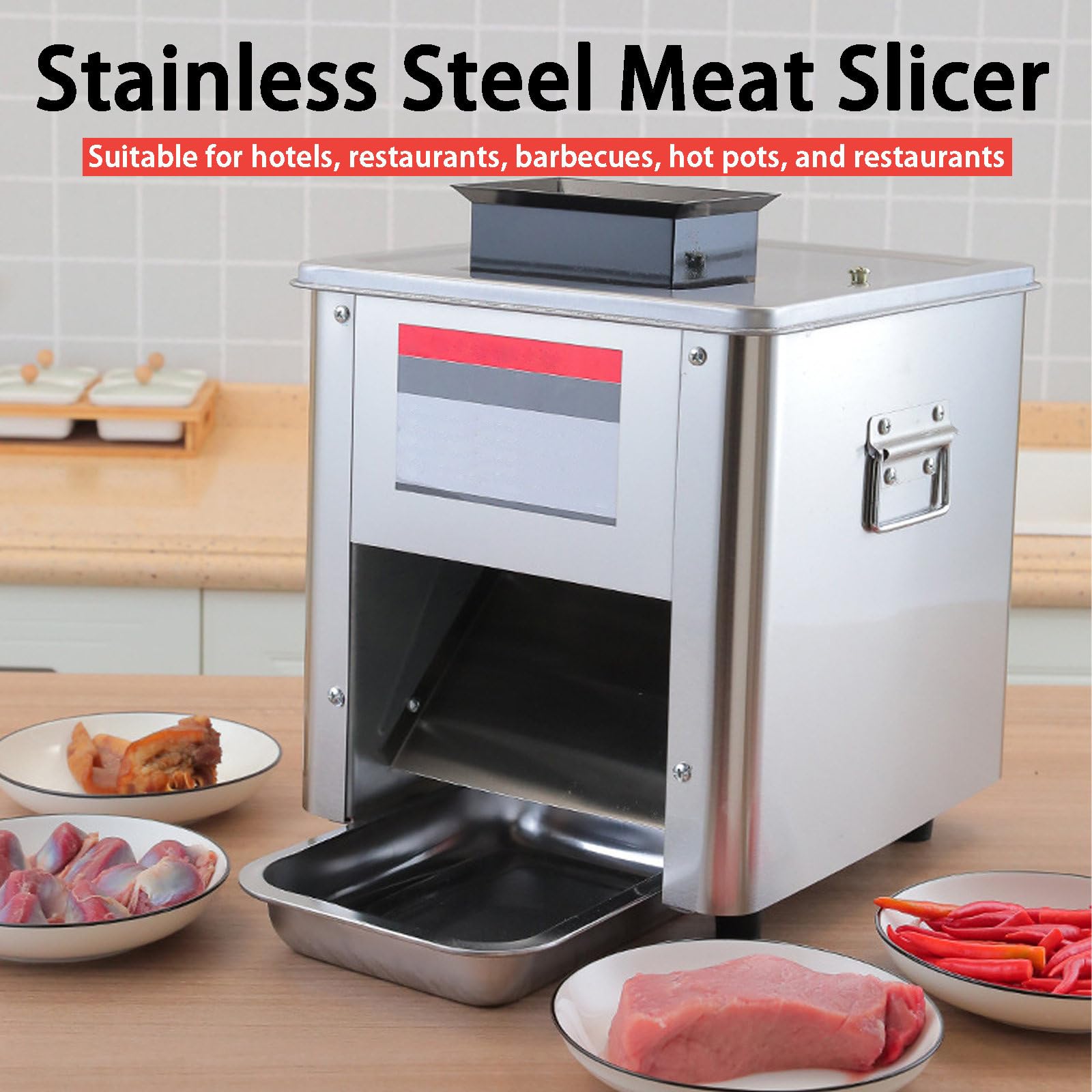 Affettatrice Elettrica Commerciale, 850W Affettatrice Verticale per Carne, con Vassoio, Affettatrice per Pesce, Manzo, Pollo e Verdure In Acciaio Inossidabile,3mm