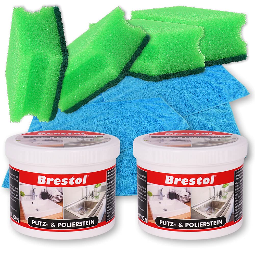 PUTZ & POLIERSTEIN 2 x 900 g + accessoires Set 2 – Pâte de nettoyage universelle avec parfum d'agrumes laisse un effet déperlant dans la cuisine et la salle de bain – Nettoyant universel