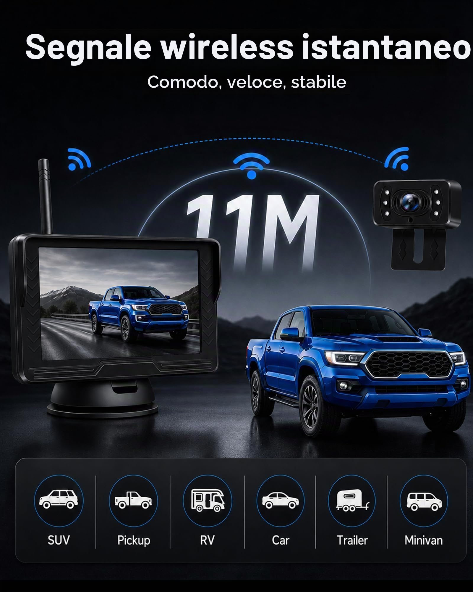 【Segnale Stabile】Telecamera Retromarcia Wireless AHD 1080P Telecamera Posteriore Auto e Monitor da 5" Impermeabile IP69 Visione Notturna 6 LED di Luce Telecamera Parcheggio Auto per Roulotte Autocarri
