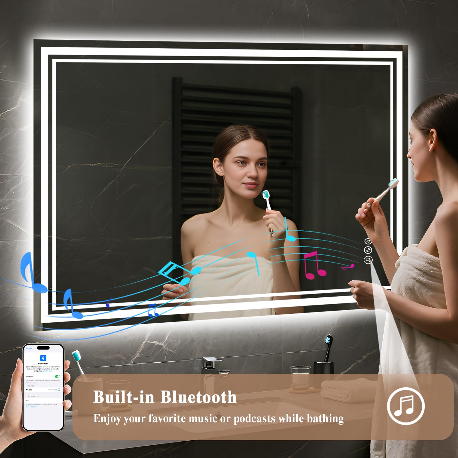 Specchio da bagno con luce a LED: 45 x 60 cm, illuminato a parete, Bluetooth, LED, con presa per rasoio, anti-appannamento, 3 colori, dimmerabile, funzione di memoria, specchio intelligente