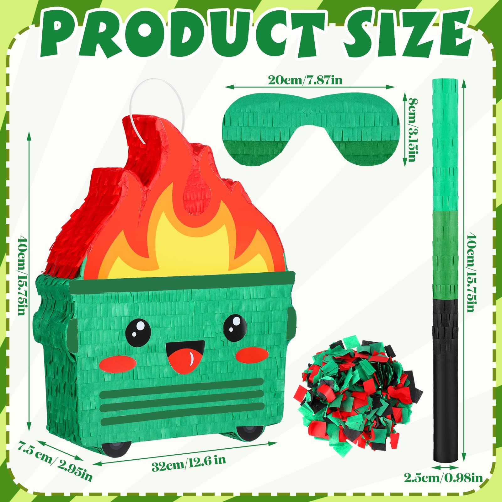 Poen Dumpster on Fire Piñata for Birthday Party 15. 75 x 12. 6 Inch Piñata with Bat Blindfold Confetti for Baby Shower Photo Props Cinco De Mayo Fiesta Decoration Kids Teens Adults Supplies(Green)