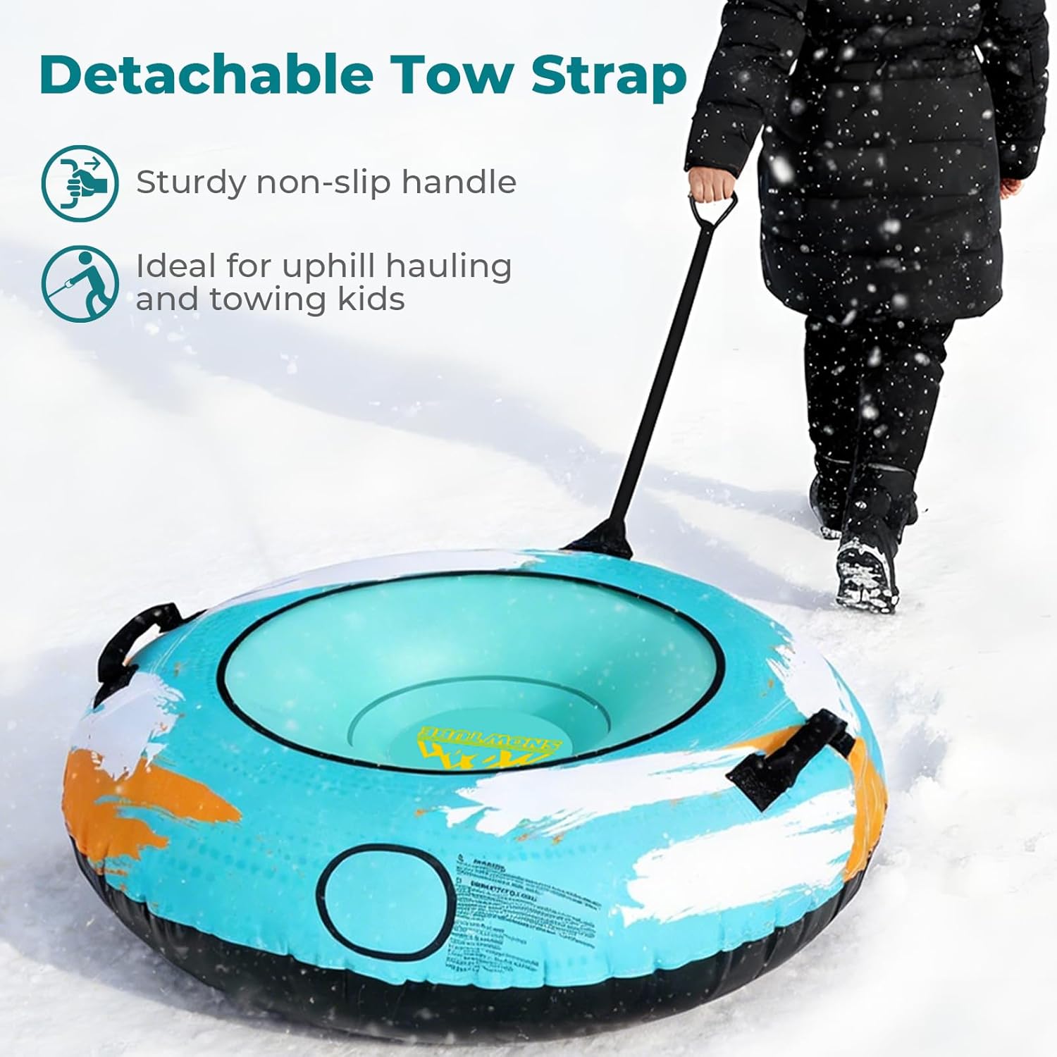 Snow Tube for Kids & Adults, 48” Large Inflatable Snow Sled with Thickened Canvas Cover, Heavy-Duty Snow Tube with Wear-Resistant Material and 3-in-1 Inflatable Valve, Perfect for Winter Outdoor Fun