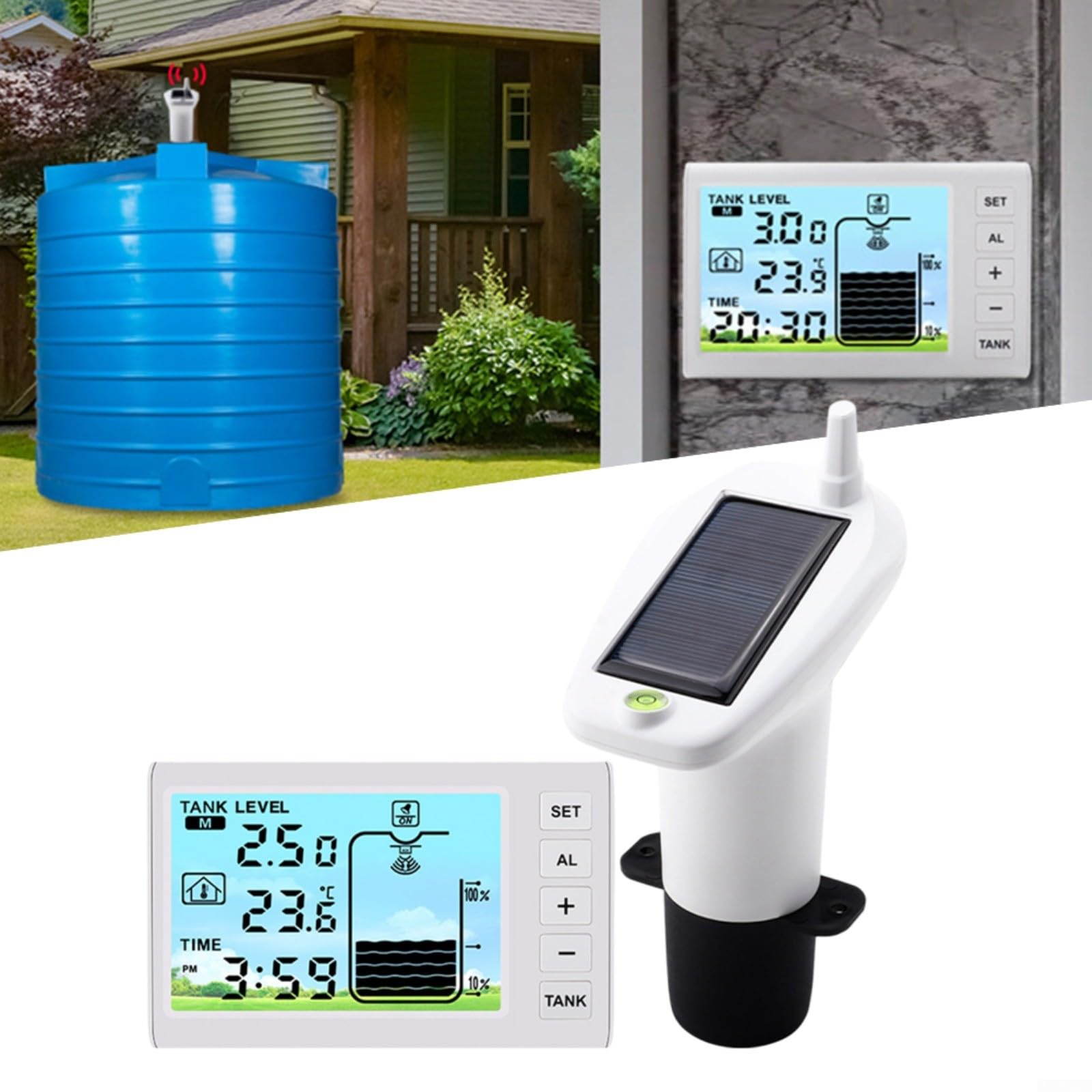 Monitor digital de nivel de agua con pantalla retroiluminada, lectura de temperatura interior/exterior, alarma Ip65 transmisor impermeable para jardín