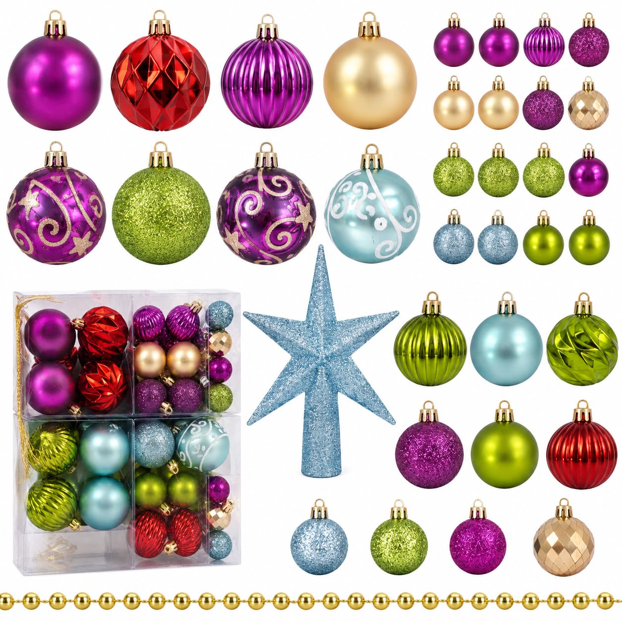Christmas Tree Decoration Set 100 Pieces - Baubles, Star Topper & Bead Garland - Glitter, Matte & Metallic Ornaments (Rainbow)
