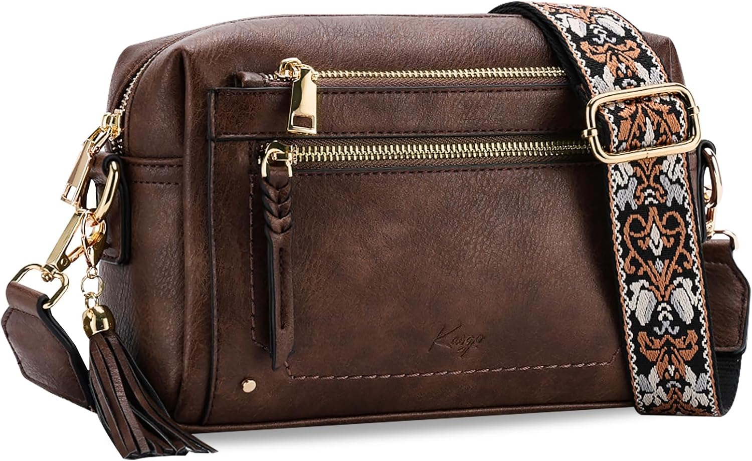 Kasqo Crossbody Bags for Women,Stylish Vegan Leather Cross Body Tassel Purse Medium Shoulder Handbags with Guitar Strap