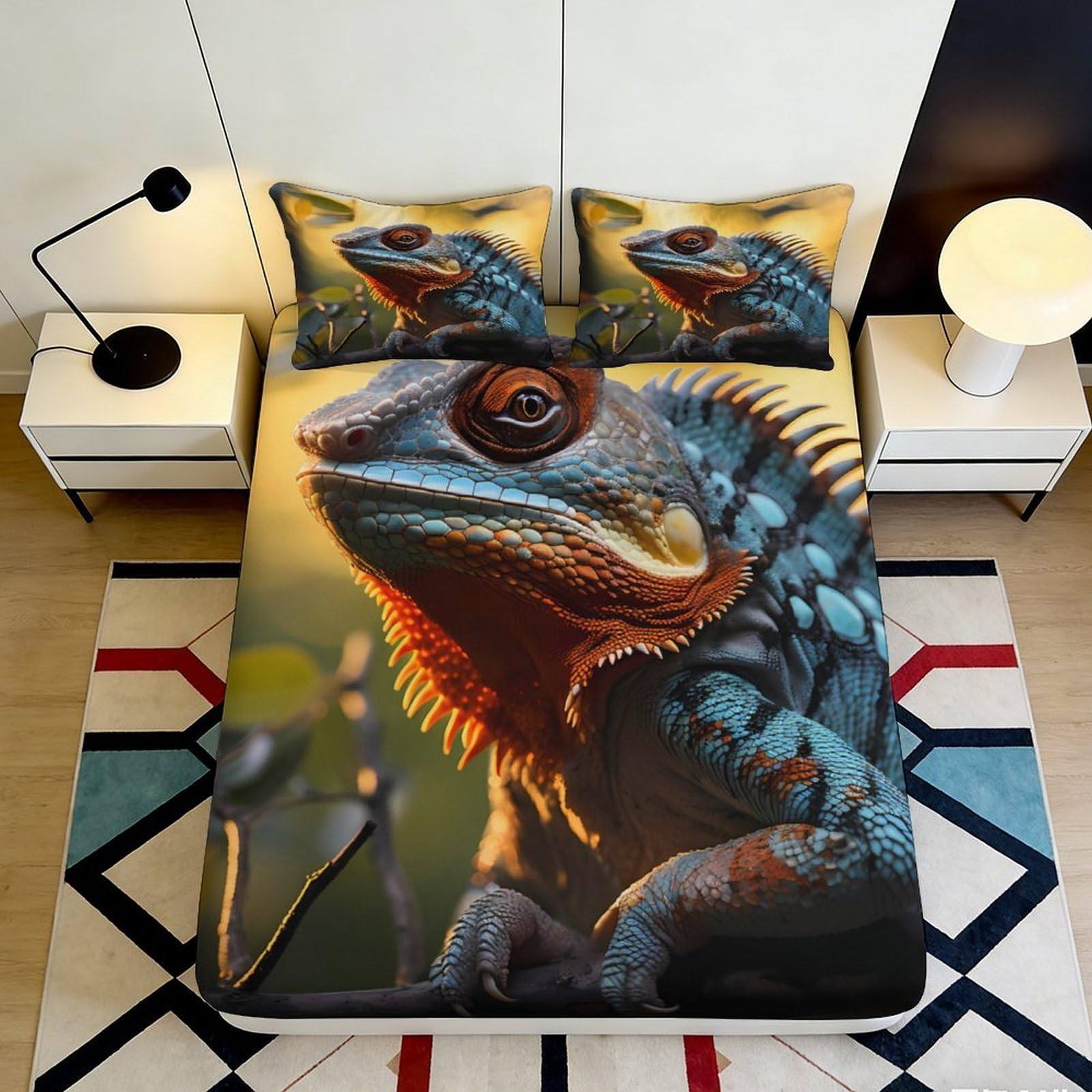 3D Printed Lizard Art Fitted Sheet Microfiber Soft Breathable Reptile Pattern Mattress Cover for Bedroom Dorm Decor 90x200x25cm