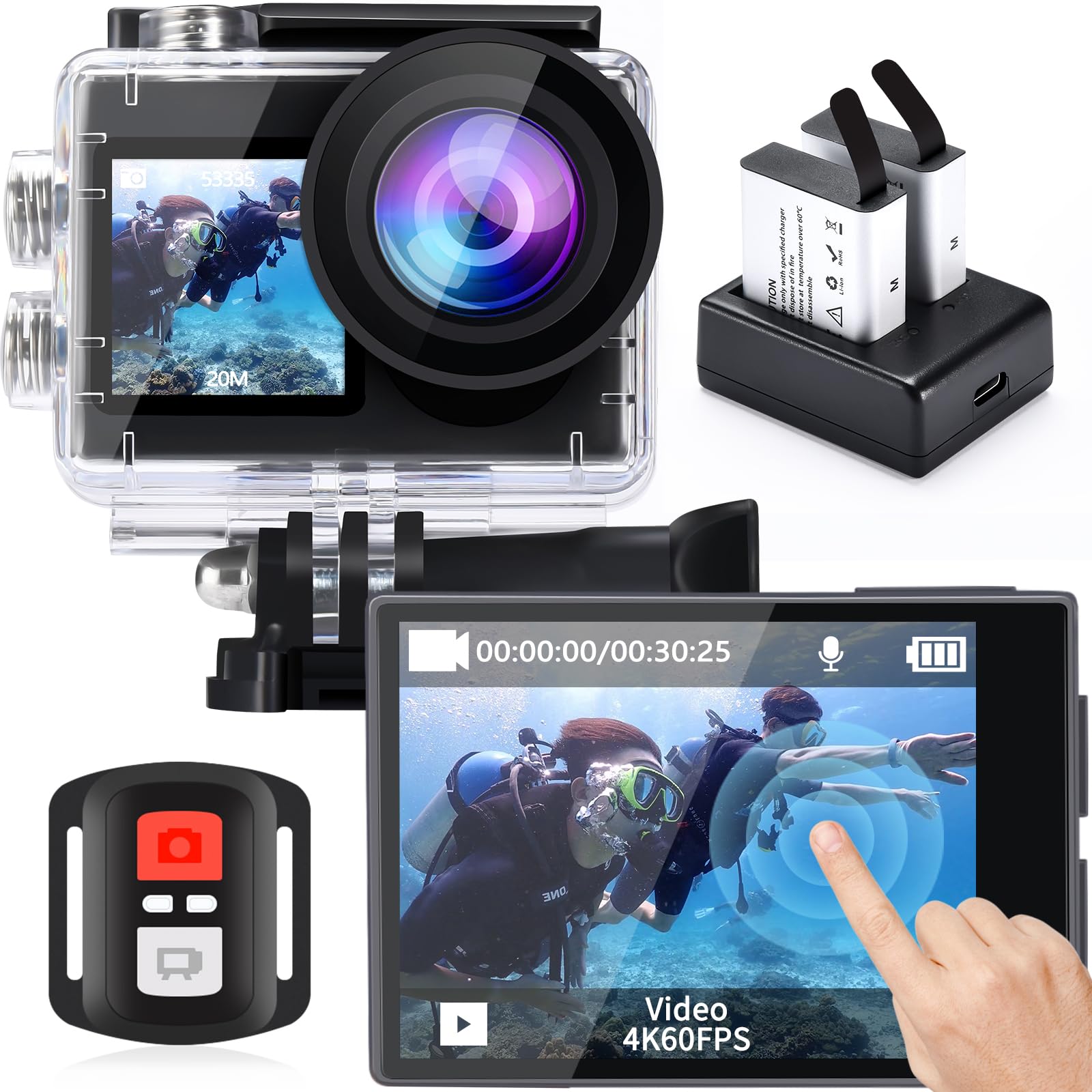 icefox 20MP 4K 5X Zoom 98FT Underwater Action Camera with EIS & WiFi Remote