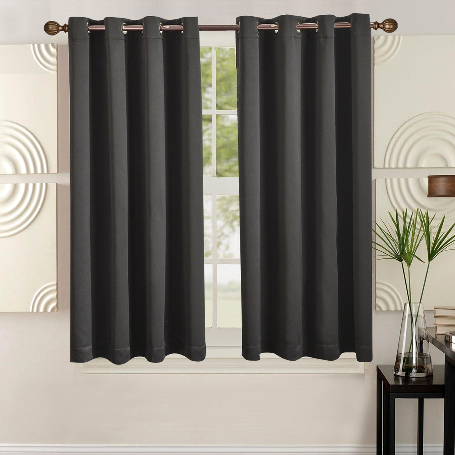 Blackout Curtains Window Panel Drapes for bedroom / living room - 2 Panel Set, 52 by 63 inch each panel, 8 grommets per Panel, 2 Tie Back Included, color Black - Window Rose