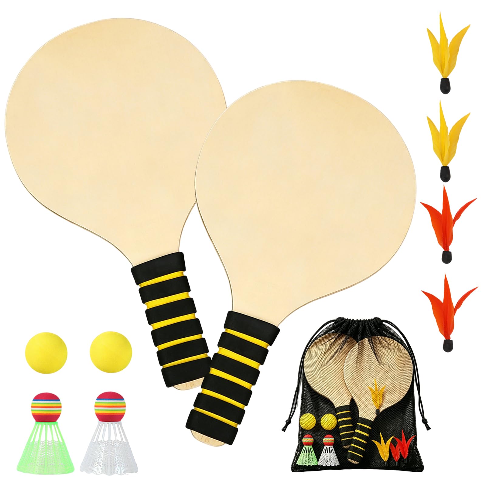 Beach Bat and Ball Set, Outdoor Kids Wooden Paddle Ball Game with 2 Paddles 4 Birdies 2 Balls 2 Badmintons with Mesh Bag, Garden Family Game Toys Outdoor Games for Kids Teens 3+ Years Old (beige)