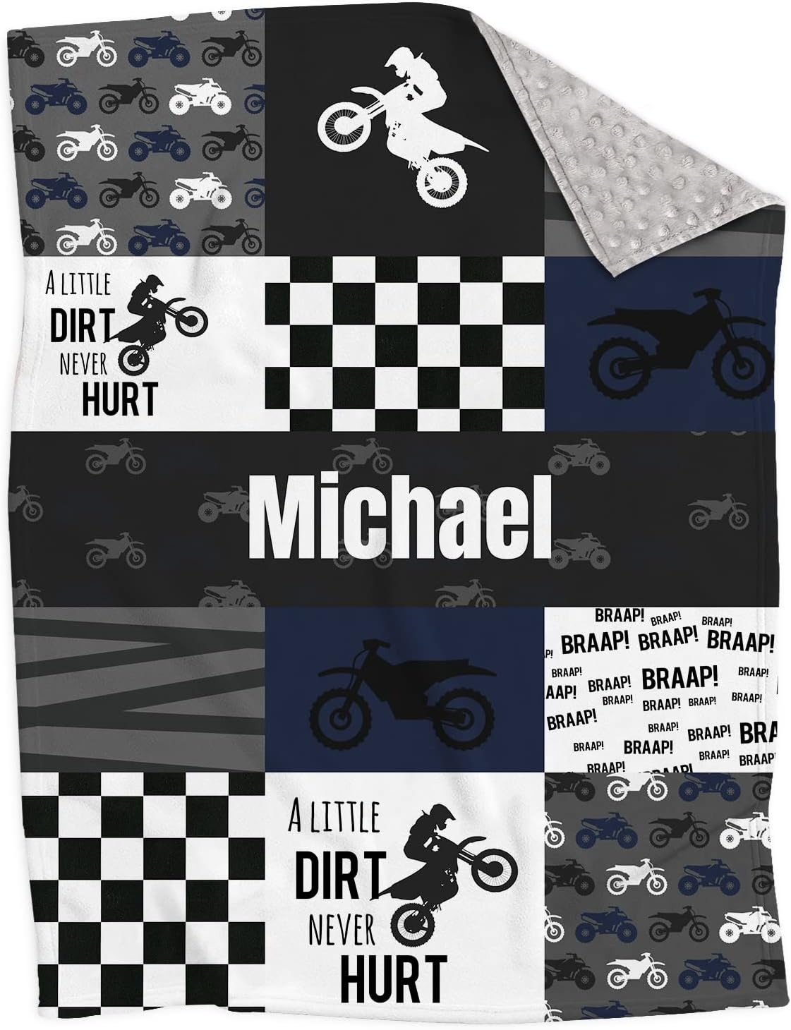 Personalized Motocross Minky Baby Blankets with Name, Custom Dirt Bike Patchwork Design Blankets for Boys Kids - Registry Gifts - Soft Plush Infant Toddler Baby Newborn Blanket